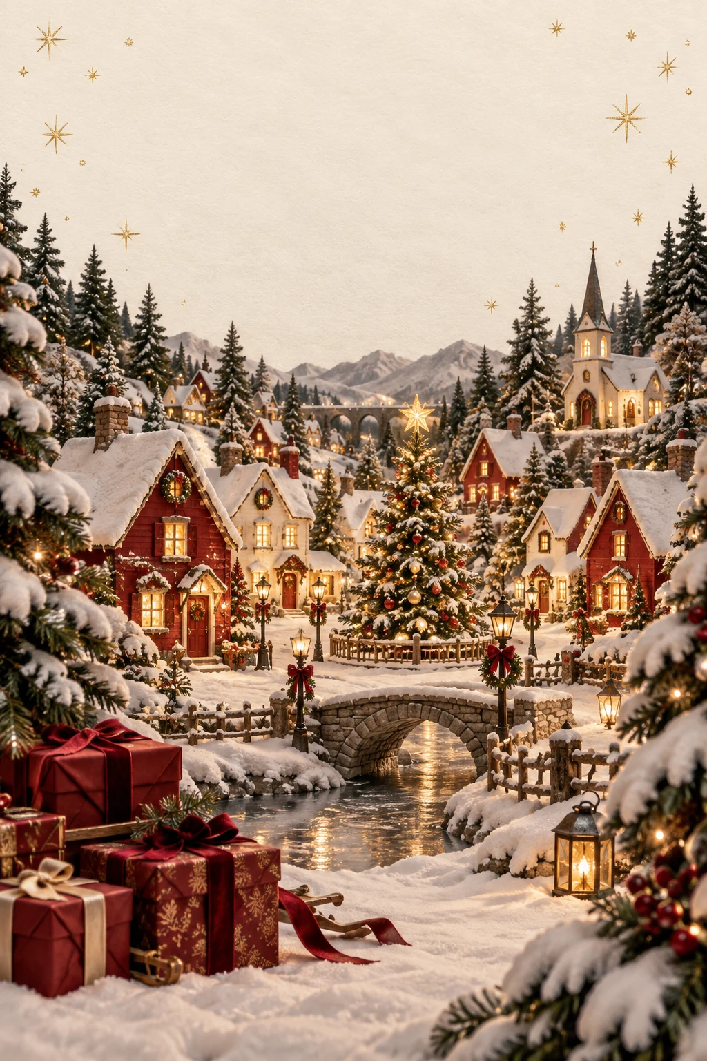 Villa navideña de papel con un árbol iluminado, nieve y regalos