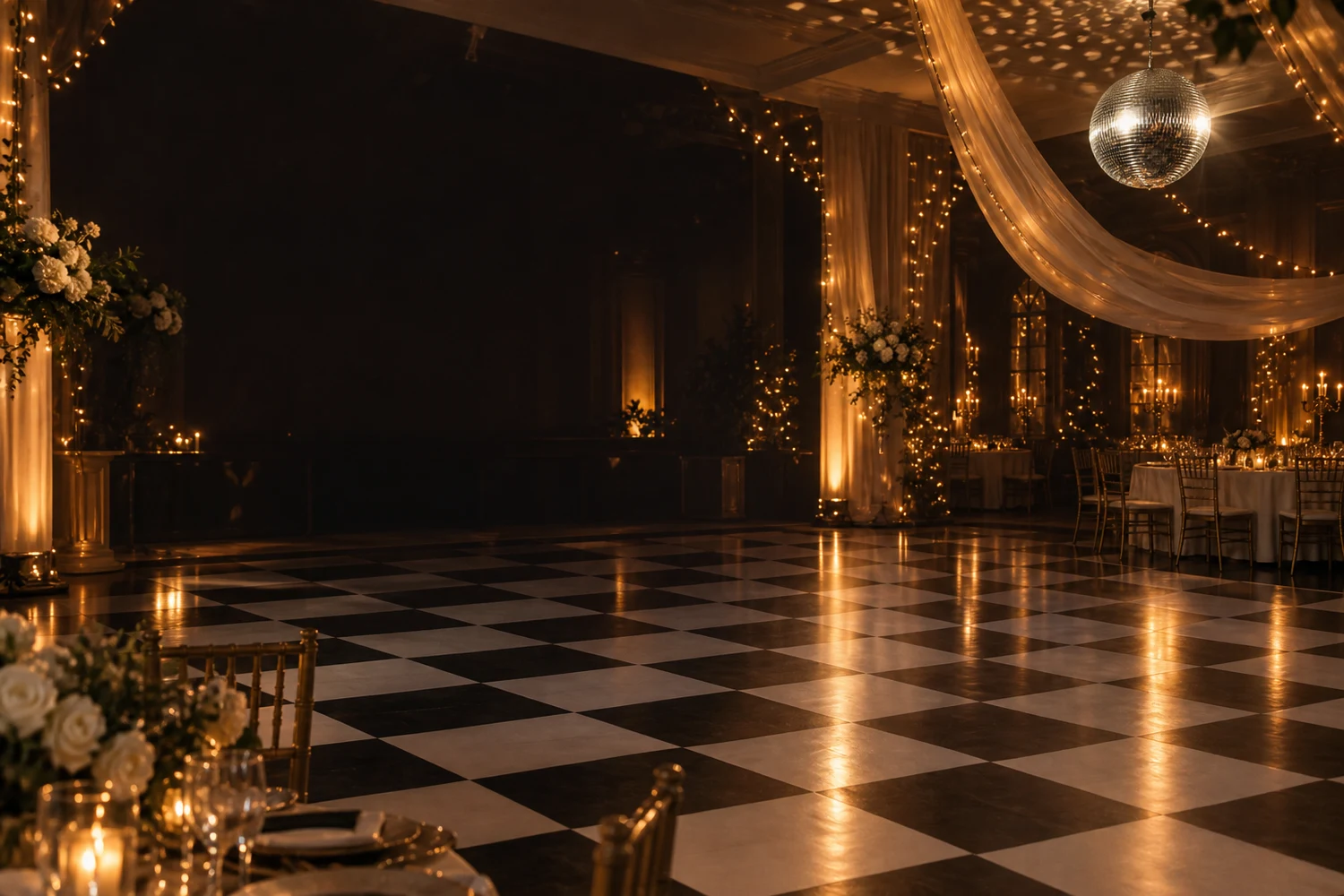 Salón de gala con luces cálidas y pista de baile